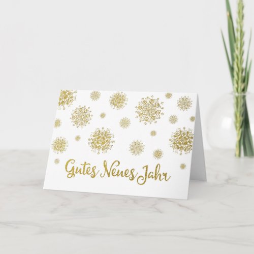 Happy New Year Gold White Snowflakes German Holiday Card