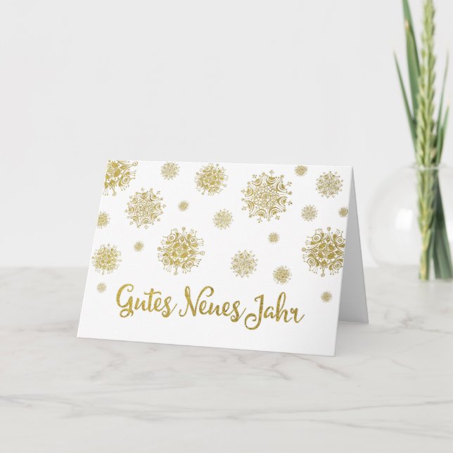 Happy New Year Gold White Snowflakes German Holiday Card (Front)