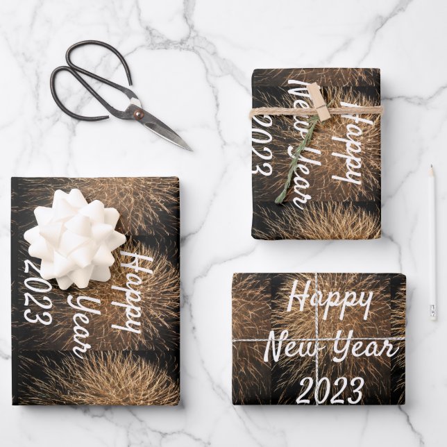 Happy New Year Golden Firework Pattern 2023 Custom Wrapping Paper Sheets (Front)