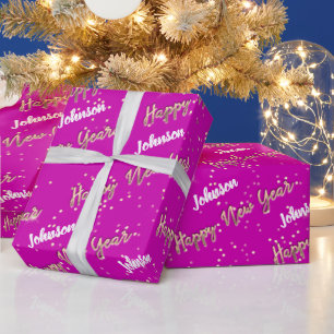Happy New Year Golden Script Custom Name Pink  Wrapping Paper