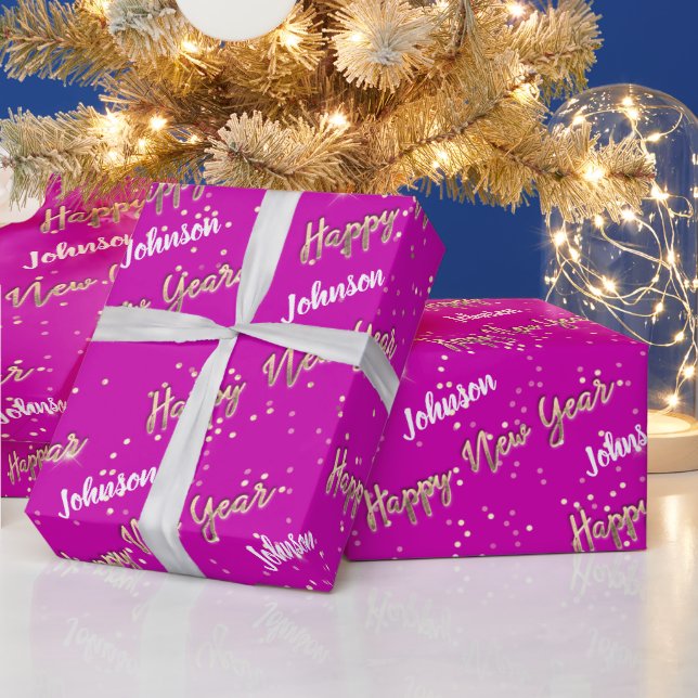Happy New Year Golden Script Custom Name Pink  Wrapping Paper (Holidays)