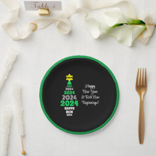 Happy New Year Green and White Tree Festive Fun Paper Plates