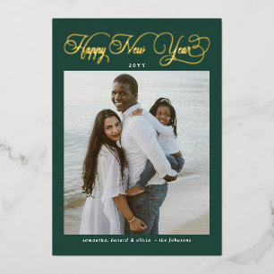 Happy New Year Green Family 4 Photo Collage Foil Holiday Card