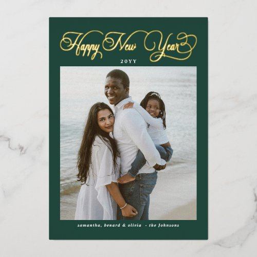 Happy New Year Green Family 4 Photo Collage Foil Holiday Card