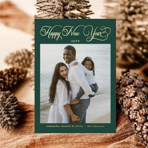 Happy New Year Green Family 4 Photo Collage Foil Holiday Card