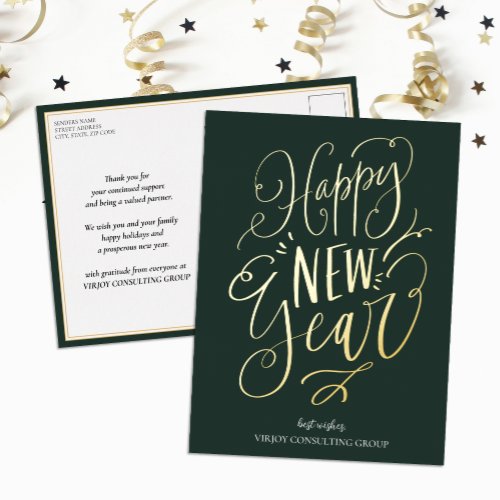 Happy New Year Green Gold Script Modern Business Foil Holiday Postcard