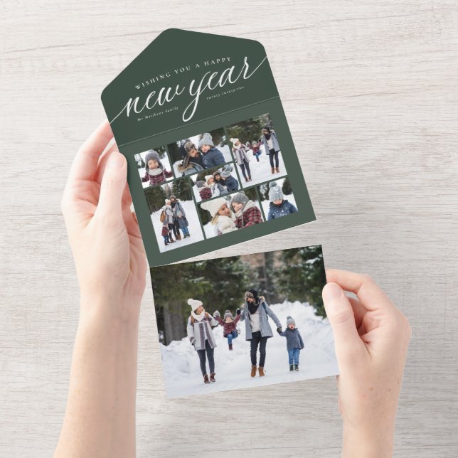Happy New Year green photo collage trifold holiday All In One Invitation (Tearaway)