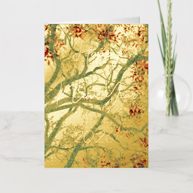  Happy New Year green tree red leaves Foil Greeting Card (Front)