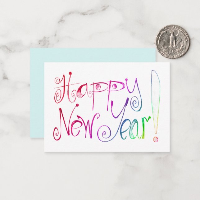 Happy New Year greeting rainbow handlettering Note Card (Front/Back In Situ)