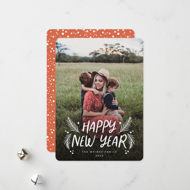 Happy New Year Hand drawn Pine Berries Photo Holiday Card (Front/Back In Situ)