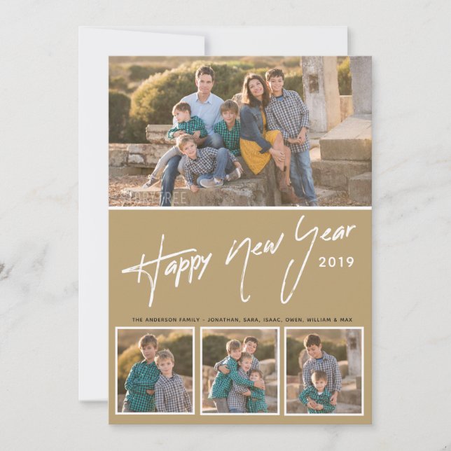 Happy New Year Handwritten | Four Photos Holiday Card (Front)