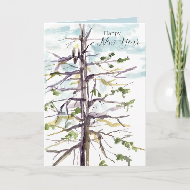 Happy New Year Hawk Winter Tree Winter Sky Card (Front)