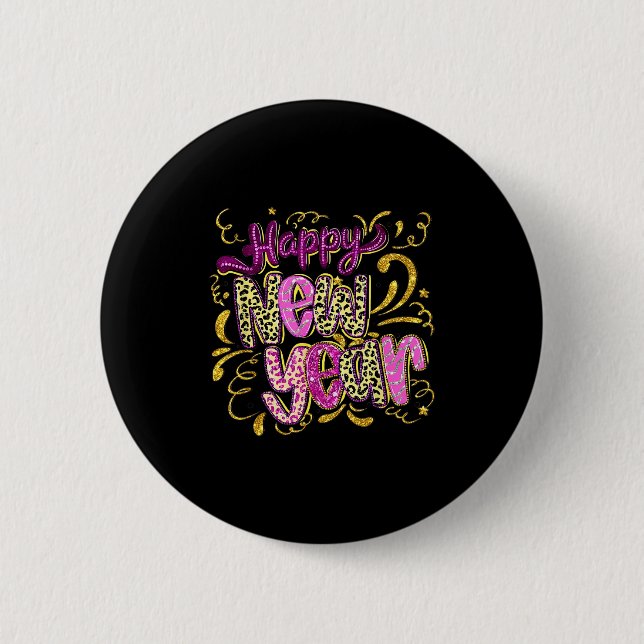 Happy New Year Hello 2026 Retro Leopard  Button (Front)