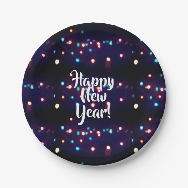 Happy New Year Holiday Lights Paper Plates (Front)