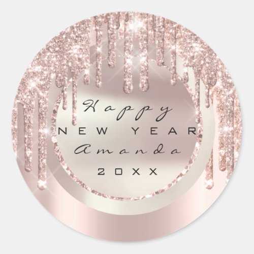 Happy New Year Holiday Name Glitter Rose Spark Classic Round Sticker