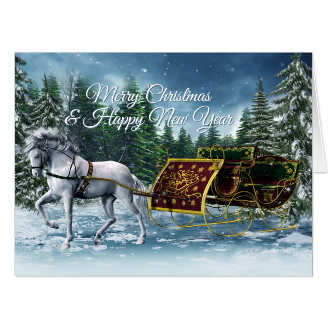 Happy New Year Horse Sleigh (36x48) Big Card | Zazzle