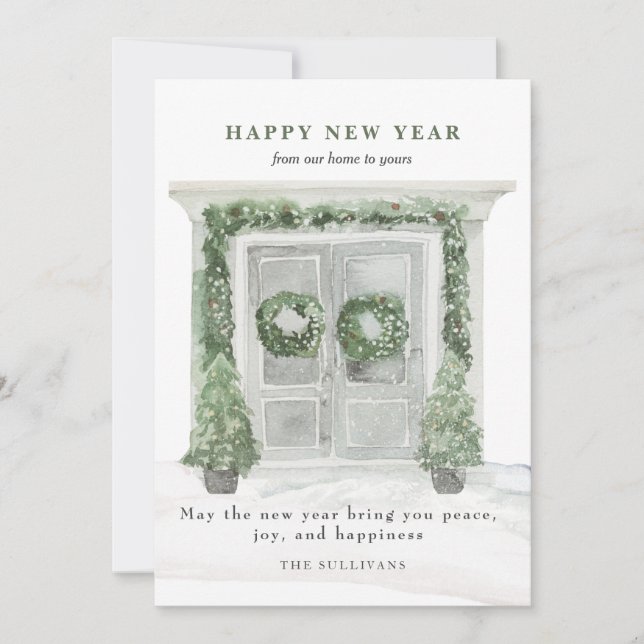 Happy New Year House Front Door Winter Snow Holiday Card (Front)