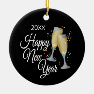 Happy New Year I Champagne Glasses and Confetti Ceramic Ornament