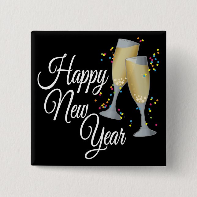 Happy New Year I Champagne Glasses Button (Front)