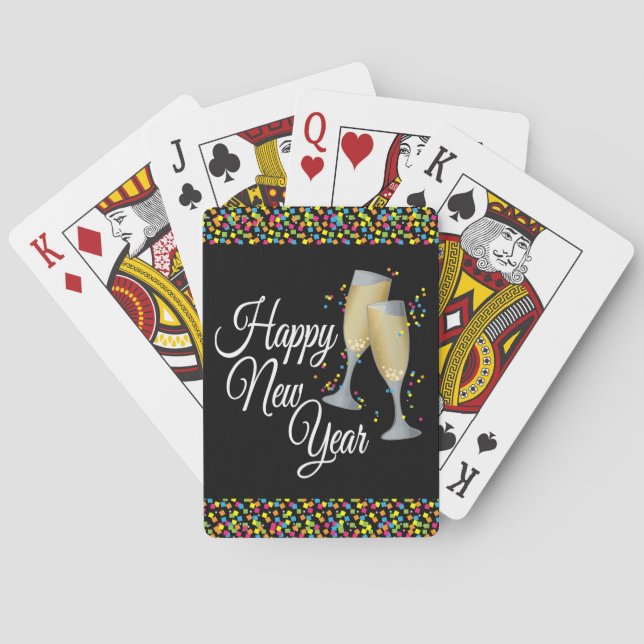 Happy New Year I Champagne Glasses Playing Poker Cards (Back)
