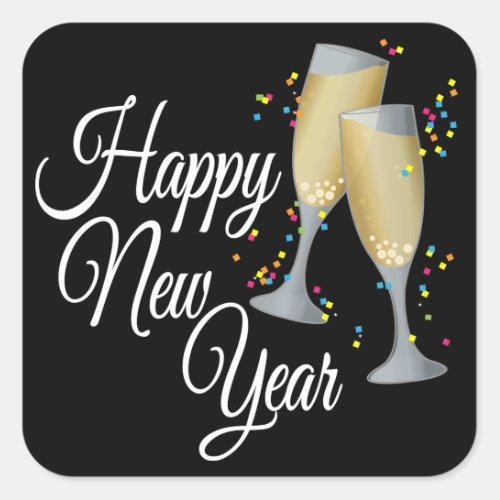 Happy New Year I Champagne Glasses Square Sticker