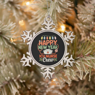 Happy New Year ICU Nurse Crew Xmas Christmas Light Snowflake Pewter Christmas Ornament