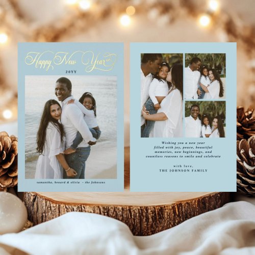 Happy New Year Icy Blue 4 Photo Collage Foil Holiday Card