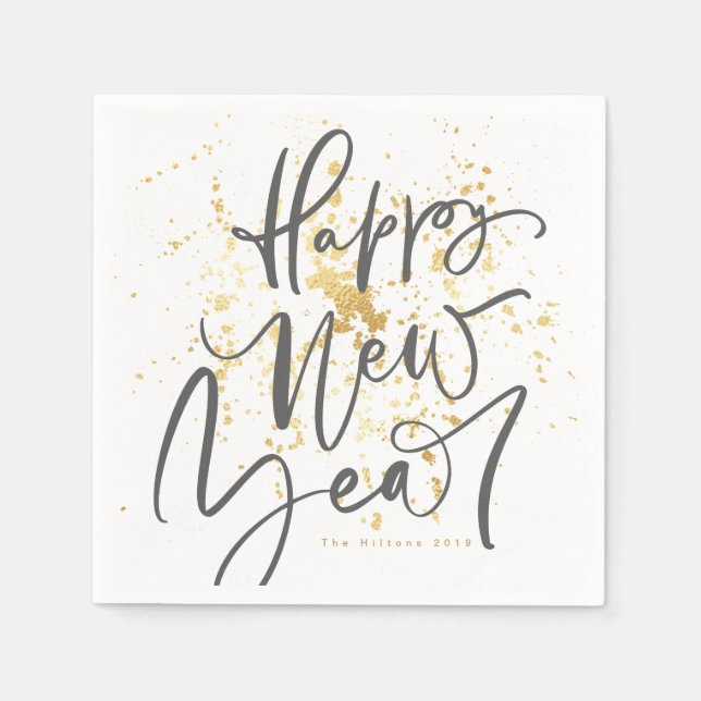 Happy New Year in grey handwritten text Napkins (Front)