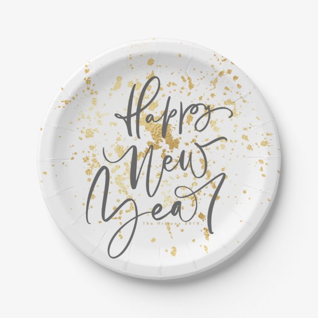 Happy New Year in grey handwritten text Paper Plates (Front)