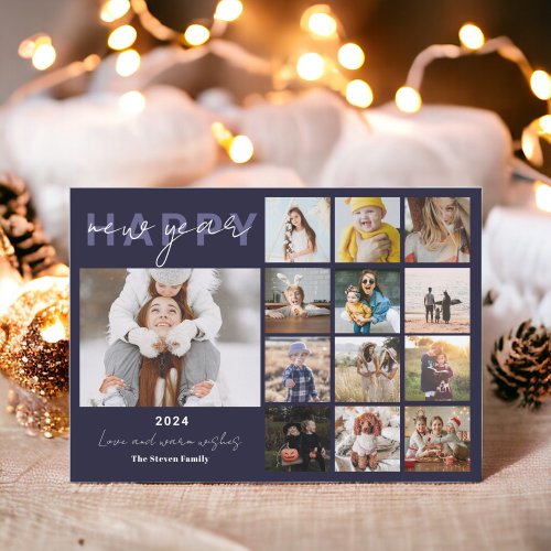Happy New Year in review script 15 photo navy blue Holiday Card
