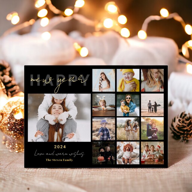 Happy New Year in review script 15 photos black Foil Holiday Card (Happy New Year in review script 15 photos black Foil Holiday Card)
