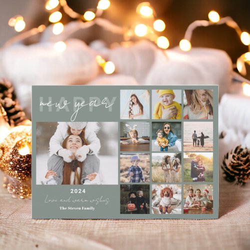 Happy New Year in review script 15 photos green Holiday Card