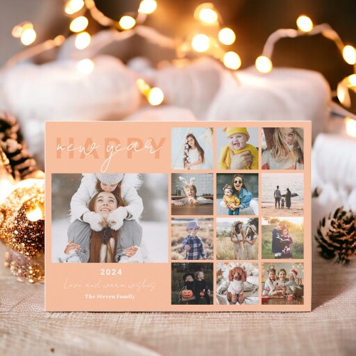 Happy New Year in review script 15 photos peach Holiday Card