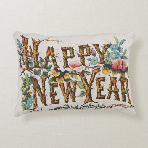 Happy New Year in Tree Trunks Acorns and Flowers Accent Pillow