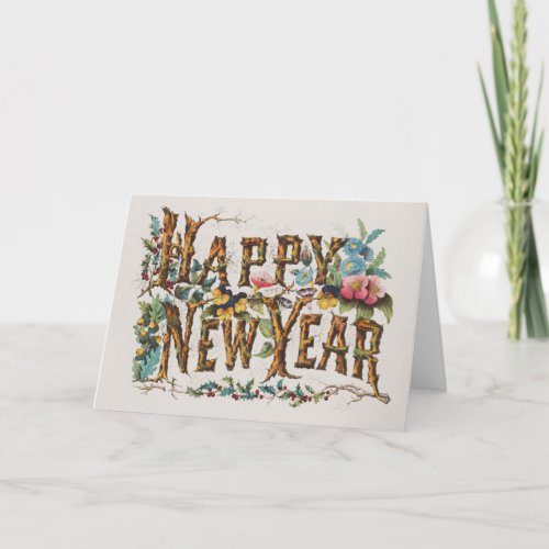 Happy New Year in Tree Trunks Acorns and Flowers Card