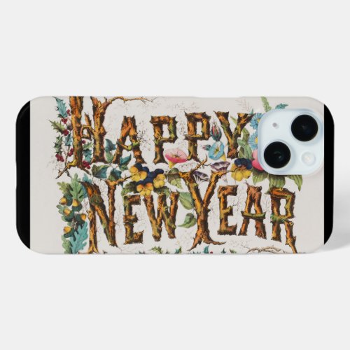 Happy New Year in Tree Trunks Acorns and Flowers iPhone 15 Case