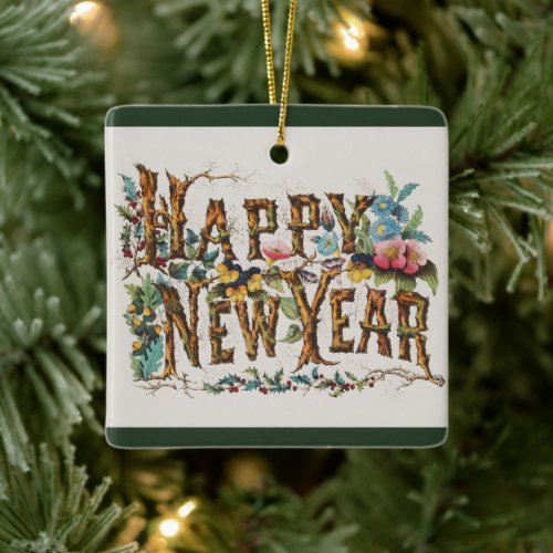 Happy New Year in Tree Trunks Acorns and Flowers Ceramic Ornament