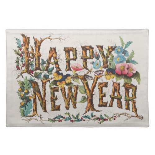 Happy New Year in Tree Trunks Acorns and Flowers Cloth Placemat