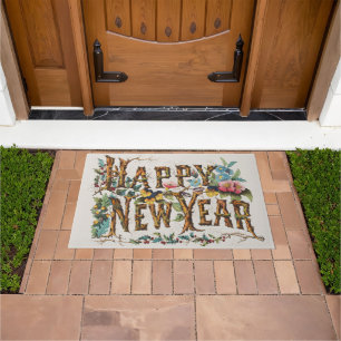 Happy New Year in Tree Trunks, Acorns and Flowers Doormat