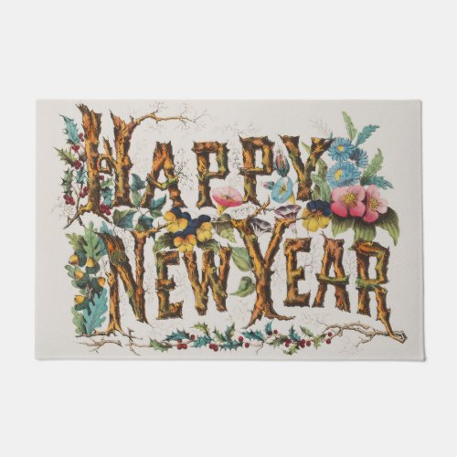 Happy New Year in Tree Trunks Acorns and Flowers Doormat