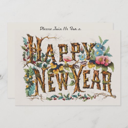 Happy New Year in Tree Trunks Acorns and Flowers Invitation