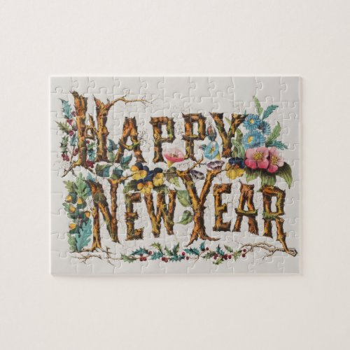 Happy New Year in Tree Trunks Acorns and Flowers Jigsaw Puzzle
