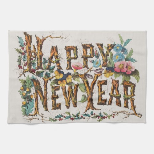 Happy New Year in Tree Trunks Acorns and Flowers Kitchen Towel