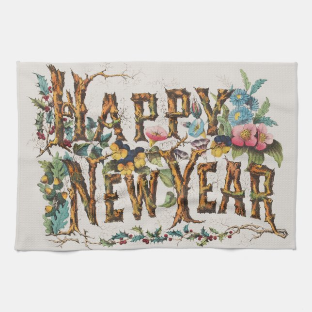 Happy New Year in Tree Trunks, Acorns and Flowers Kitchen Towel (Horizontal)