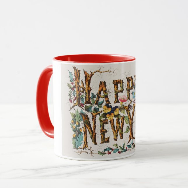Happy New Year in Tree Trunks, Acorns and Flowers Mug (Front Left)
