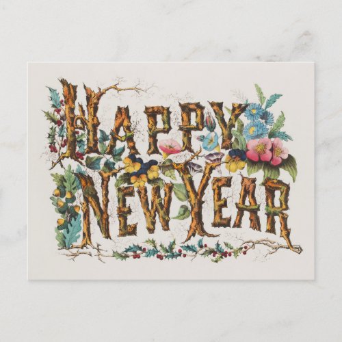 Happy New Year in Tree Trunks Acorns and Flowers Postcard