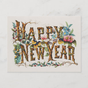 Happy New Year in Tree Trunks, Acorns and Flowers Postcard