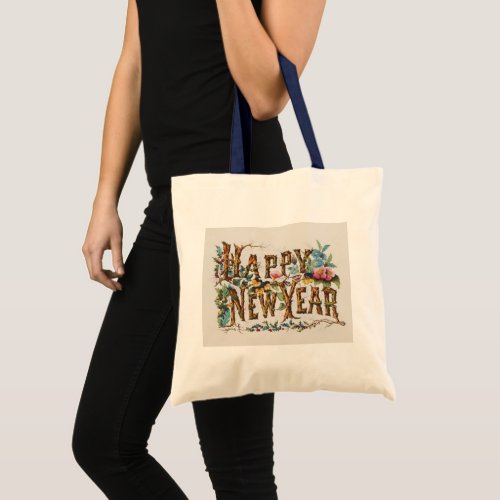 Happy New Year in Tree Trunks Acorns and Flowers Tote Bag