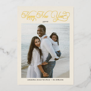 Happy New Year Ivory Family 4 Photo Collage Foil Holiday Card
