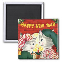 Happy New Year Kittens Vintage Magnet
